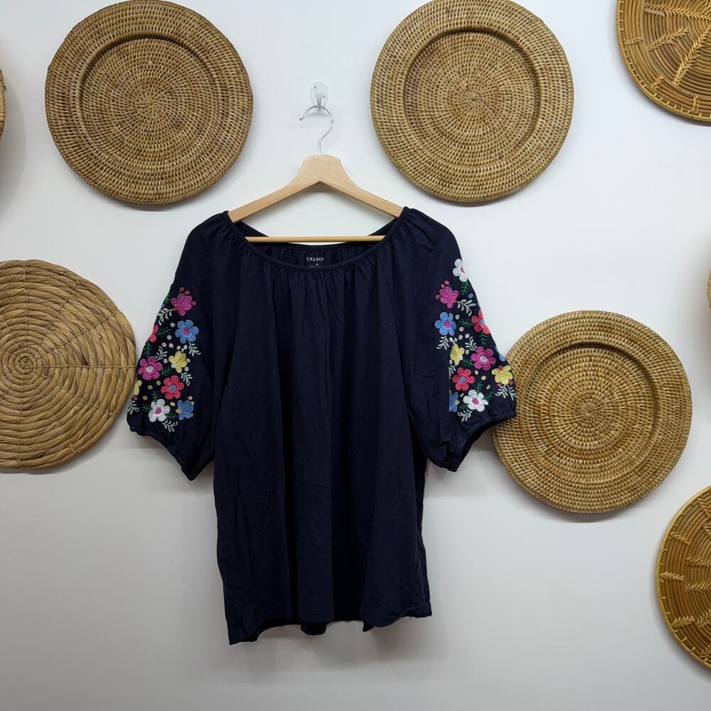 Talbots Navy Blue Floral Embroidered Puff Sleeve Tee T-Shirt Top XL
